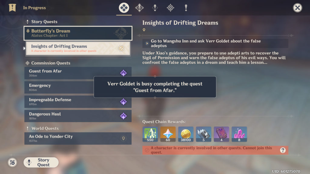 Genshin Impact: a character is currently involved in other quests