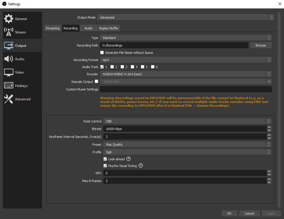 obs studio recording settings