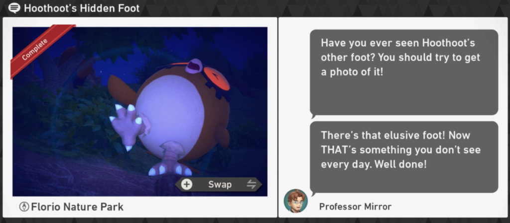 New Pokemon Snap - Florio Nature Park Night Request - Hoothoot's Hidden Foot