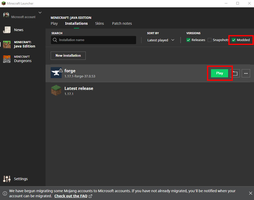 Forge 1.17 Minecraft Installation Guide - Installations Tab Launch Forge