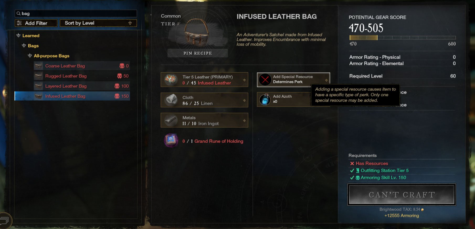 How to make the best bag in New World - Special Resources