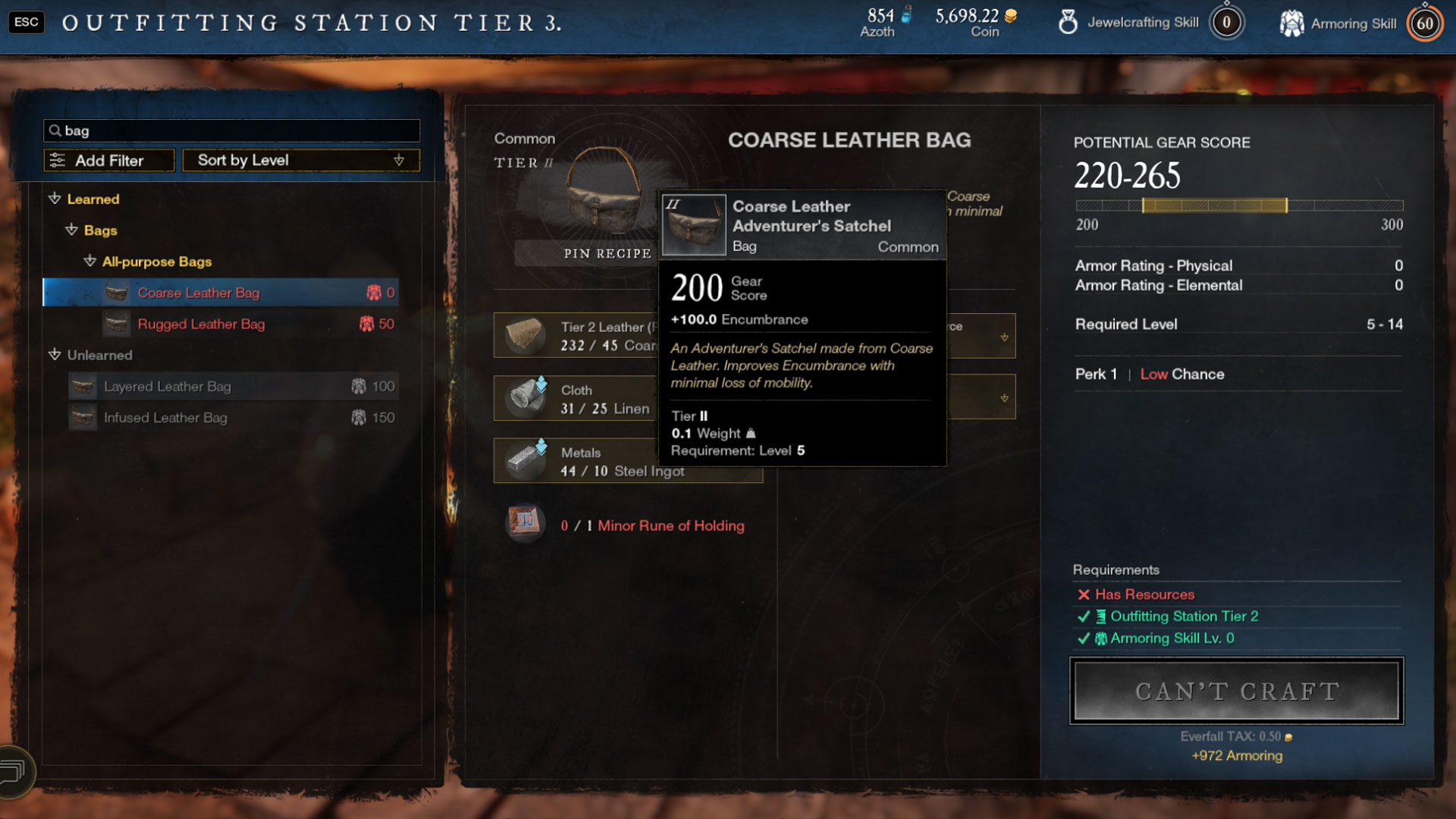 New World - Minor Rune of Holding - Coarse Leather Bag