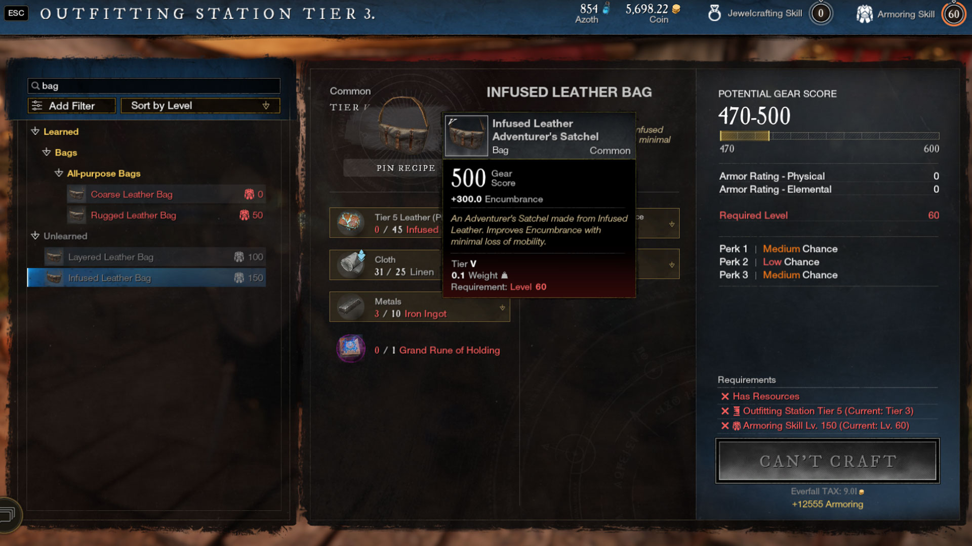 New World - Grand Rune of Holding - Infused Leather Bag