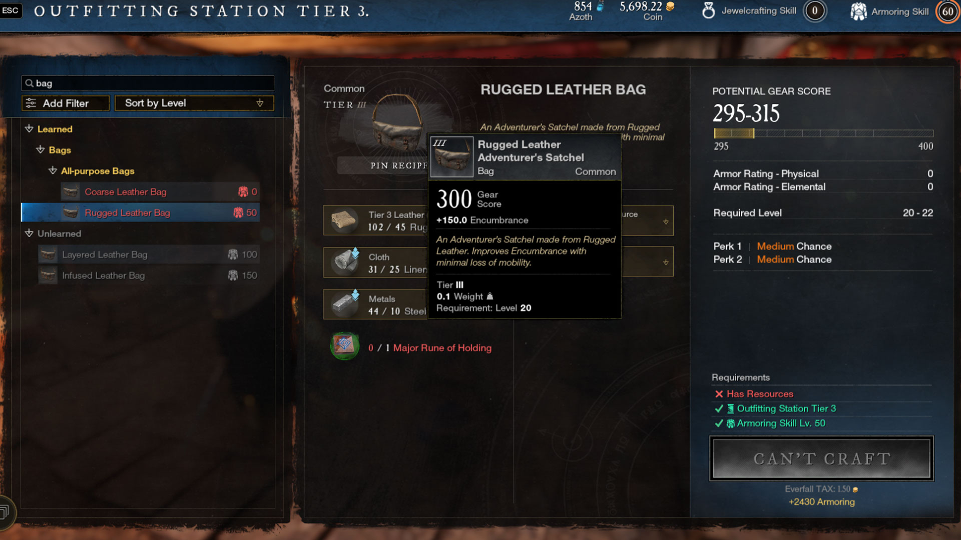 New World - Major Rune of Holding - Rugged Leather Bag