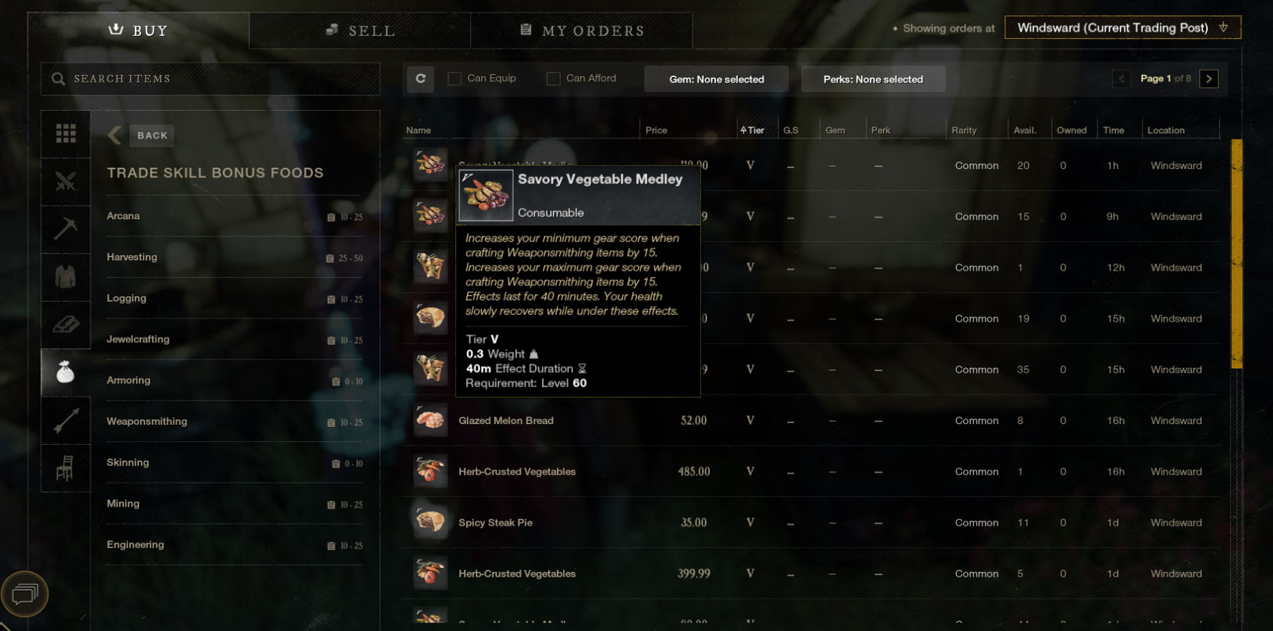 New World - Maximum Gear Score - Trade Skill Food
