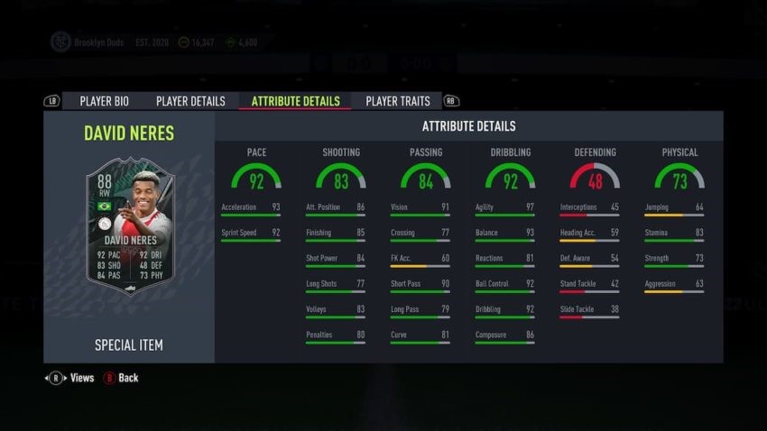 FIFA 22 David Neres Attribute Details