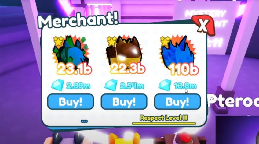Inventaire du marchand mystère Pet Simulator X