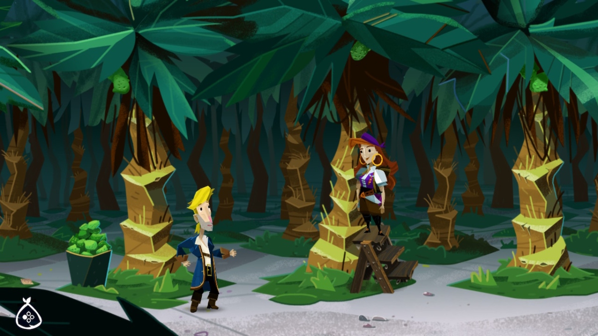 a blonde-haired man in a blue coat stands in a lime grove with a red=haired woman wearing a purple vest over a white blouse.