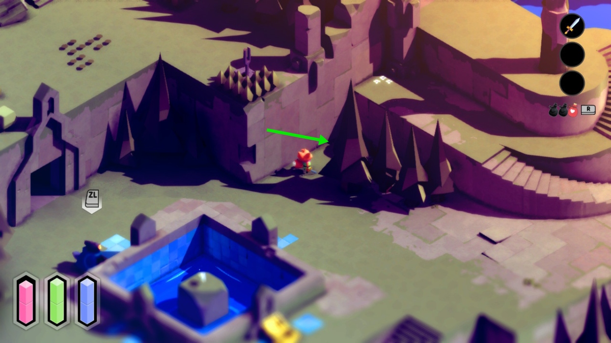 a courtyard with a shallow fountain in the middle. there's a spiral staircase leading up to the next level ahead. a small fox stands in front of a row of trees, looking into the gap between one tree and the wall. an added green arrow points toward the gap