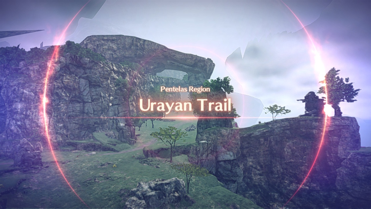 a vista shot of a lush, green region with tall cliffs in the distance and a steep drop to the right. the words