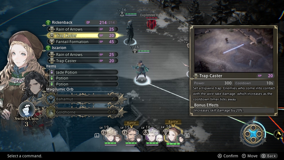 a battle menu with a small figure of a young woman holding a bow in the middle of the screen. on the left is a detailed, anime-style portrait of the woman with long hair and a cap. next to the portrait is a list of available attacks skills. on the right is a video demonstration of the selected skill,