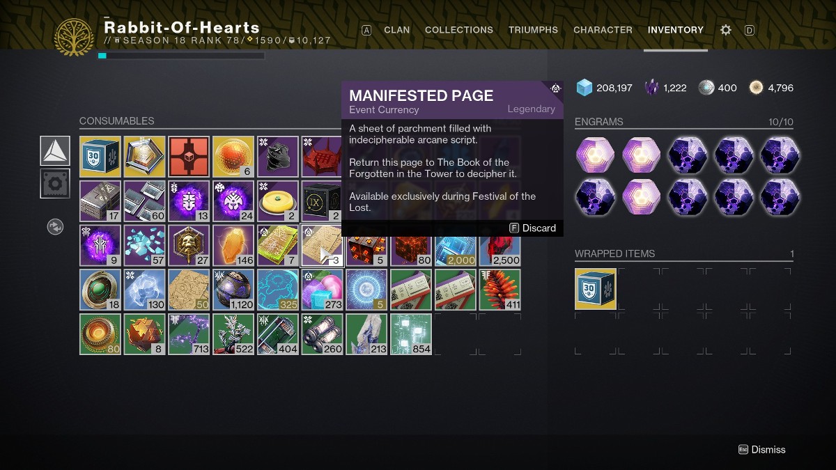 Destiny 2 Festival of the Lost explained - Manifested Pages in inventory.