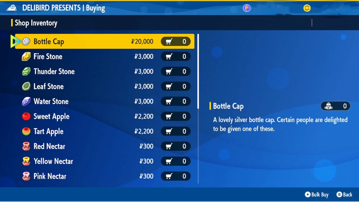 A rate chart of Pokemon items in the shop.