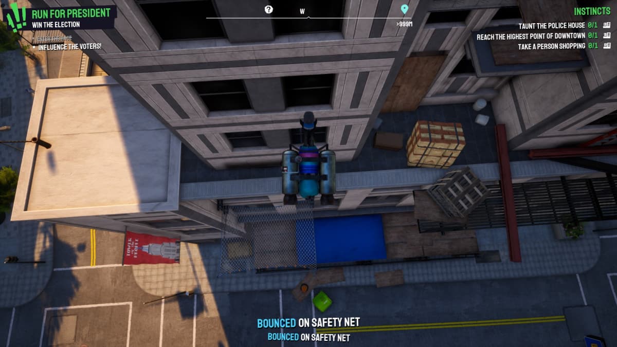 Goat Jumping off a net in order to climb a building