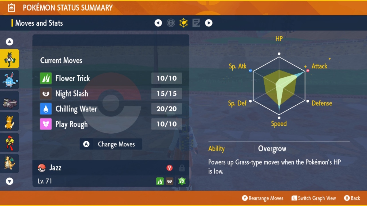 menu screen with pokemon moves on the left and a graph of its stats on the right