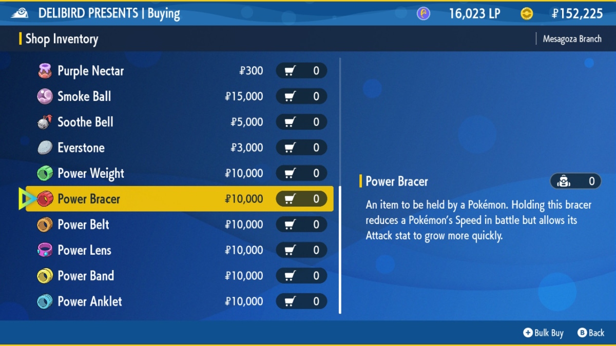 a store menu with a list of items down the left side and a description of the highlighted item on the right. the selected item is a power bracer and the description says "an item to be held by a pokemon. holding this bracer reduces the pokemon's speed in battle but allows its attack stat to grow more quickly."