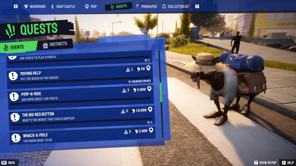 A guia de eventos do grande botão vermelho no Goat Simulator 3